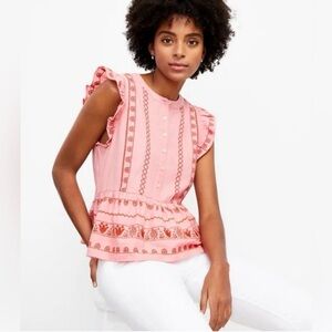 LOFT NWT Floral Embroidery Henley Peplum Shell Top in Strawberry Slush Size S